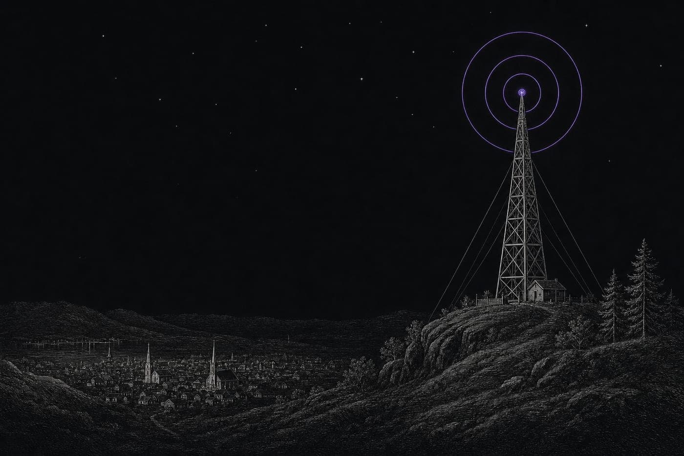 Engraved night scene: a hillside radio mast sending violet signal rings over a sleeping town
