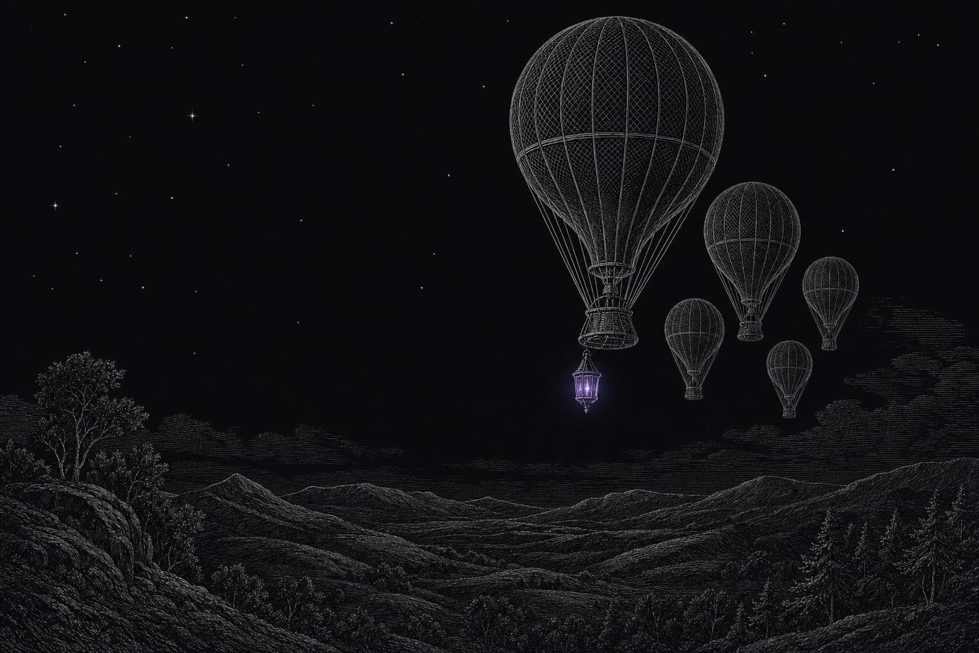 Engraved night scene: a fleet of hot-air balloons rising together, the lead balloon carrying a violet lantern