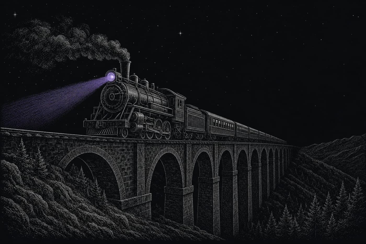 Engraved night scene: an express train crossing a stone viaduct, violet headlamp lighting the way ahead