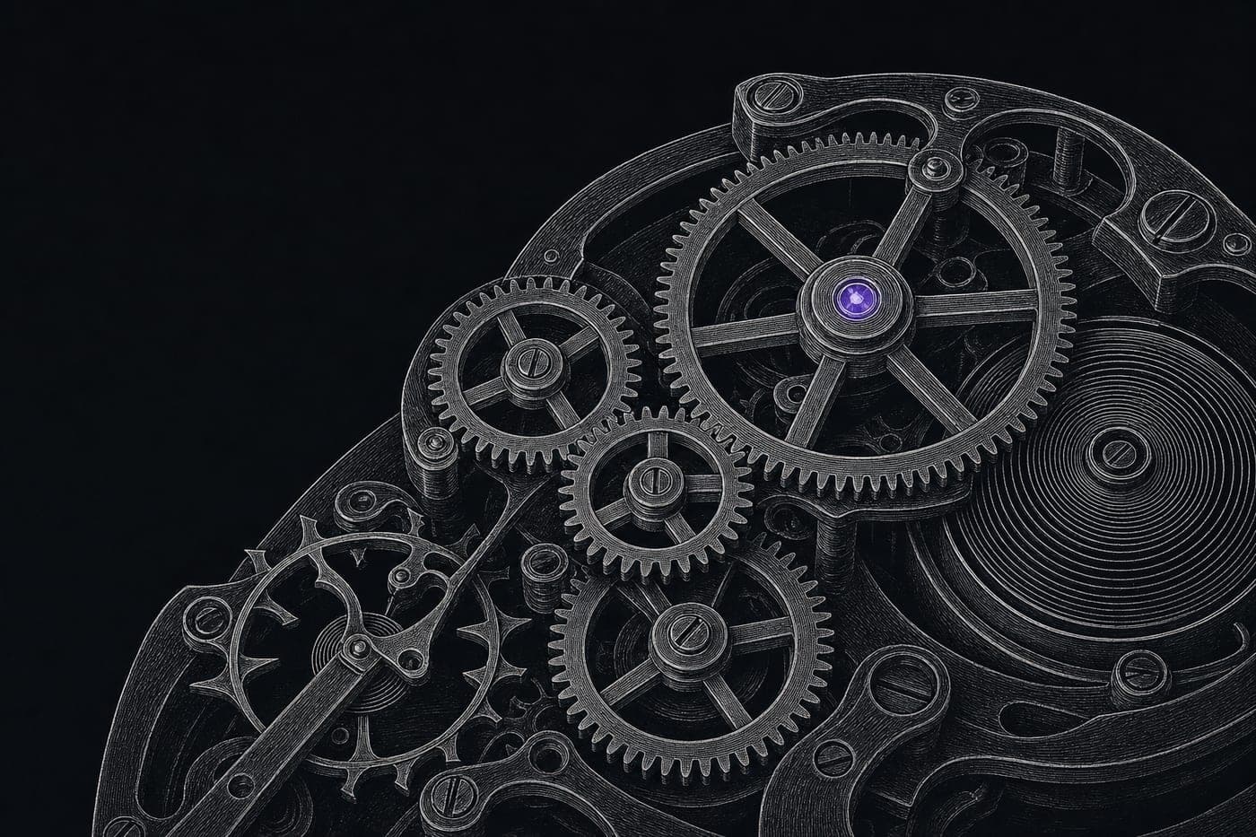 Engraved clockwork interior: meshing gears around a violet jewel bearing at the central pivot