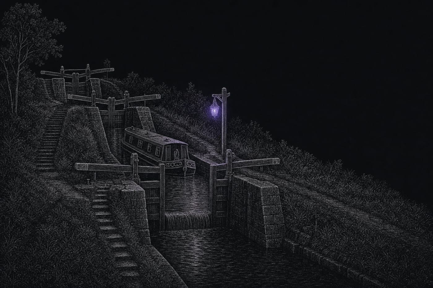 Engraved night scene: a narrowboat rising through stepped canal locks beside a violet lock-keeper's lamp