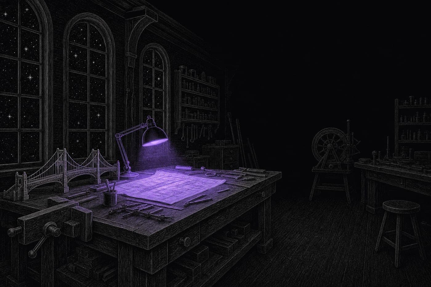Engraved night scene: a craftsman's workbench under a single violet desk lamp, tools and drawings laid out